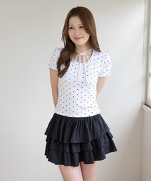 clear | フロントリボンドットプリント半袖カットソー［骨格ウェーブ/ガーリー/パフスリーブトップス］(Tシャツ/カットソー)