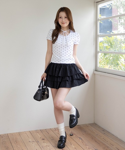 clear（クリア）の「フロントリボンドットプリント半袖カットソー［骨格ウェーブ/ガーリー/パフスリーブトップス］（Tシャツ/カットソー・レディース・ピンク/オフホワイト/ブラック・F）」の10枚目の写真