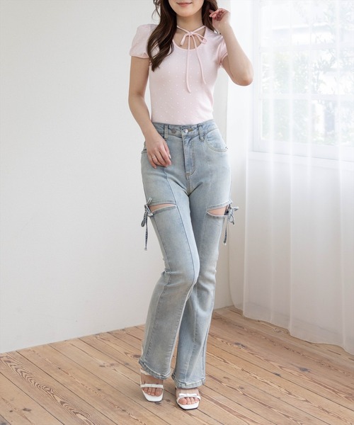 clear（クリア）の「フロントリボンドットプリント半袖カットソー［骨格ウェーブ/ガーリー/パフスリーブトップス］（Tシャツ/カットソー・レディース・ピンク/オフホワイト/ブラック・F）」の5枚目の写真