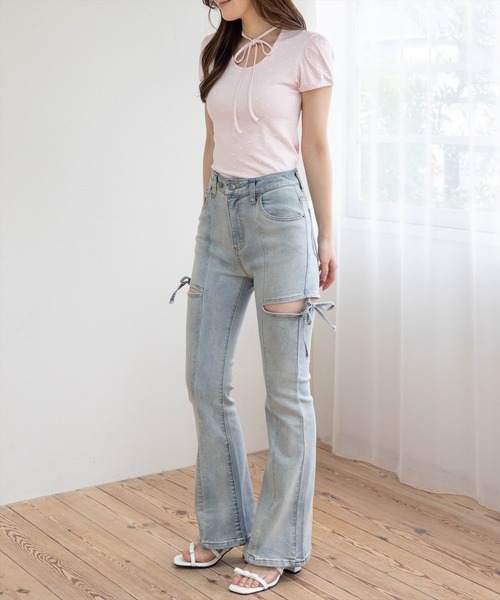 clear（クリア）の「フロントリボンドットプリント半袖カットソー［骨格ウェーブ/ガーリー/パフスリーブトップス］（Tシャツ/カットソー・レディース・ピンク/オフホワイト/ブラック・F）」の6枚目の写真