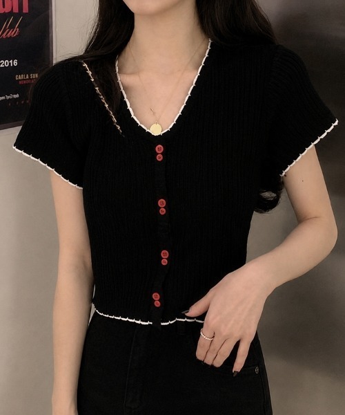 SallyLunn(サリーラン)の「【カーデ風デザイン】配色メローリブトップス(その他トップス・レディース・ピンク/ブラック/パープル/ホワイト・FREE)」の1枚目の写真