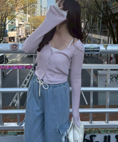 continuer de NICE CLAUP（コンティニューデナイスクラップ）の「ハートボタン袖レースラメカーデ（カーディガン/ボレロ・レディース・ピンク/ブラック/イエロー/オフホワイト・FREE）」の4枚目の写真
