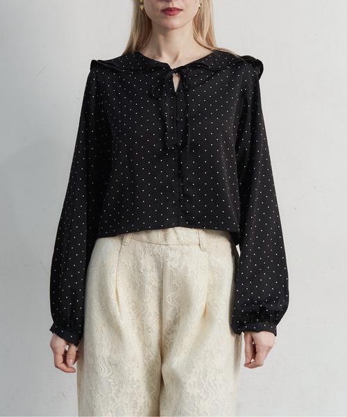 My shawty（ﾏｲｼｬｳﾃｨｰ）の「dot frill blouse（シャツ/ブラウス・レディース・ダークベージュ/ブラック・FREE）」の7枚目の写真