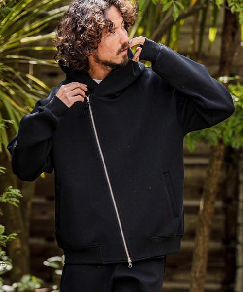 mpa4138-Diagonal Zip Scuba Knit Hoodie ダンボールニットパーカー