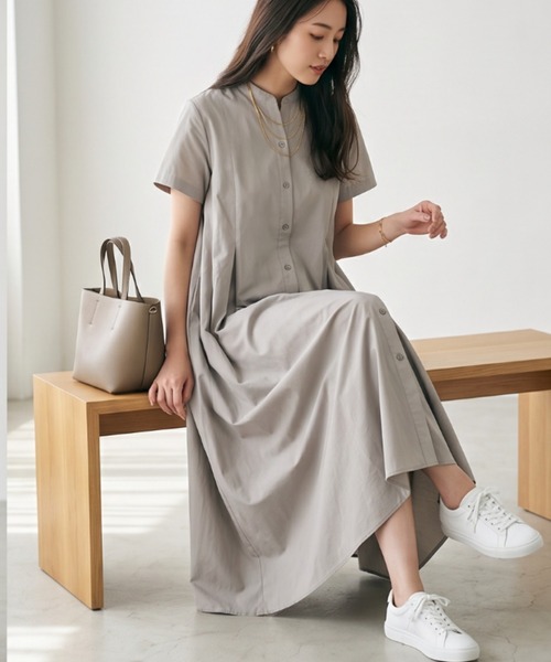 Belta attrice(ベルタアトリーチェ)の「【秋!人気の!】タイプライター バックプリーツ 半袖 ロング シャツワンピース(シャツワンピース・レディース・グレー/ブルー/スミクロ・FREE)」の17枚目の写真