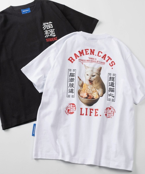 SEQUENZ（シークエンズ）の「【72】【SEQUENZ/シークエンズ】モグモグ拉麺＆スペースキャット ルーズ クルーネック Tシャツ/アニマル柄/猫好き（Tシャツ/カットソー・メンズ・ホワイト/ブラック系/ホワイト系/ブラック・L/M）」の3枚目の写真