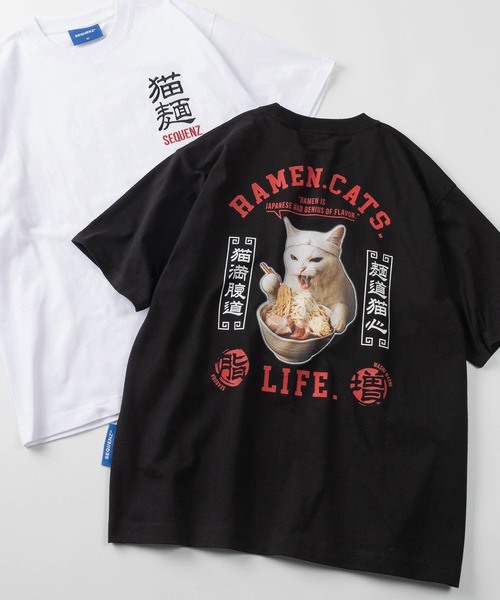 SEQUENZ（シークエンズ）の「【72】【SEQUENZ/シークエンズ】モグモグ拉麺＆スペースキャット ルーズ クルーネック Tシャツ/アニマル柄/猫好き（Tシャツ/カットソー・メンズ・ホワイト/ブラック系/ホワイト系/ブラック・L/M）」の4枚目の写真