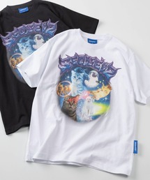 【72】【SEQUENZ/シークエンズ】モグモグ拉麺&スペースキャット ルーズ クルーネック Tシャツ/アニマル柄/猫好き