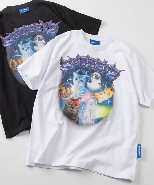 SEQUENZ（シークエンズ）の「【72】【SEQUENZ/シークエンズ】モグモグ拉麺＆スペースキャット ルーズ クルーネック Tシャツ/アニマル柄/猫好き（Tシャツ/カットソー・メンズ・ホワイト/ブラック系/ホワイト系/ブラック・L/M）」の2枚目の写真
