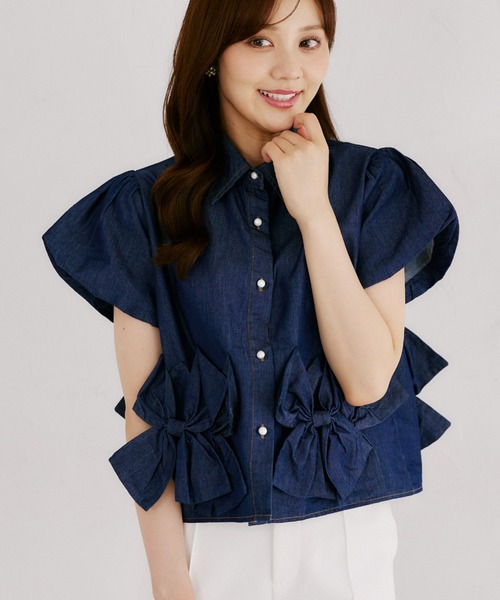 tocco closet（トッコ　クローゼット）の「【ZOZO限定】裾リボン半袖デニムブラウス（シャツ/ブラウス・レディース・ブラック/ネイビー・M）」の2枚目の写真