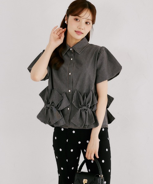 tocco closet（トッコ　クローゼット）の「【ZOZO限定】裾リボン半袖デニムブラウス（シャツ/ブラウス・レディース・ブラック/ネイビー・M）」の11枚目の写真