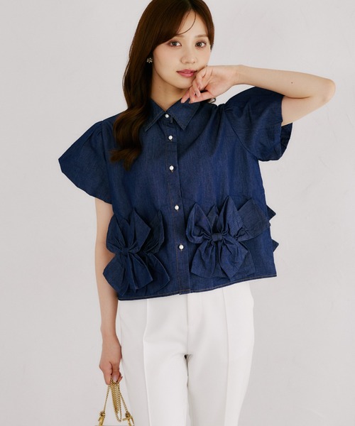 tocco closet（トッコ　クローゼット）の「【ZOZO限定】裾リボン半袖デニムブラウス（シャツ/ブラウス・レディース・ブラック/ネイビー・M）」の16枚目の写真