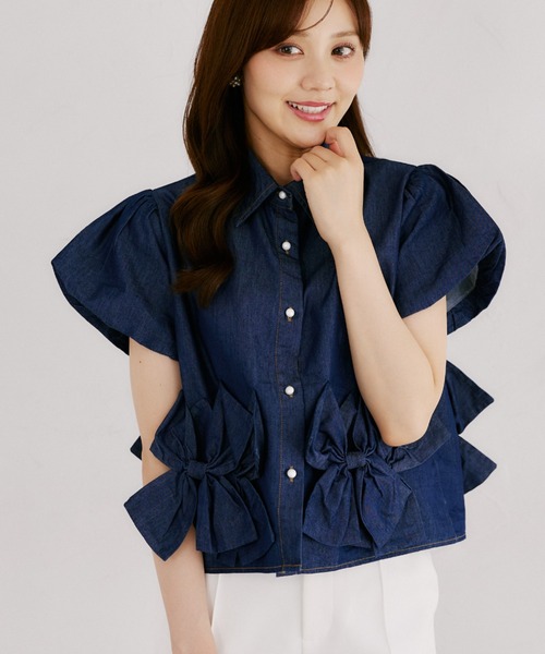 tocco closet（トッコ　クローゼット）の「【ZOZO限定】裾リボン半袖デニムブラウス（シャツ/ブラウス・レディース・ブラック/ネイビー・M）」の17枚目の写真
