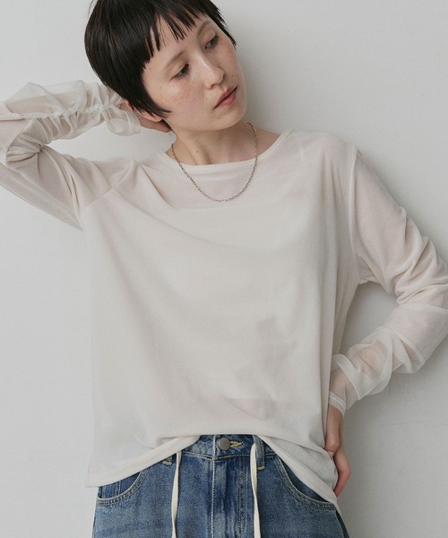 ad thie(アドティエ)の「袖切替 シアー ベロア トップス(Tシャツ/カットソー・レディース・ライトブルー/ブラウン/ブラック/アイボリー・FREE)」の4枚目の写真