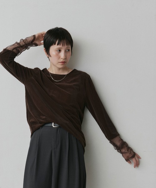 ad thie(アドティエ)の「袖切替 シアー ベロア トップス(Tシャツ/カットソー・レディース・ライトブルー/ブラウン/ブラック/アイボリー・FREE)」の3枚目の写真