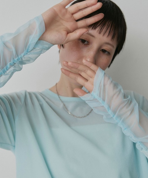 ad thie(アドティエ)の「袖切替 シアー ベロア トップス(Tシャツ/カットソー・レディース・ライトブルー/ブラウン/ブラック/アイボリー・FREE)」の1枚目の写真