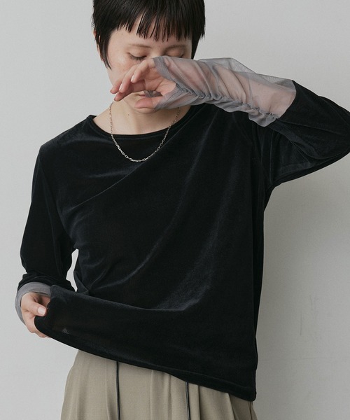 ad thie(アドティエ)の「袖切替 シアー ベロア トップス(Tシャツ/カットソー・レディース・ライトブルー/ブラウン/ブラック/アイボリー・FREE)」の2枚目の写真