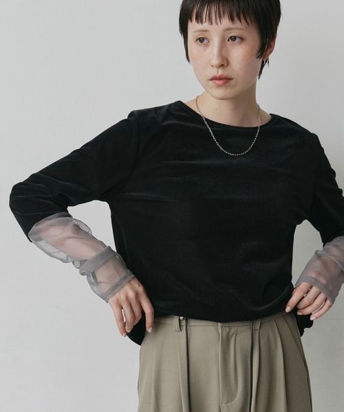 ad thie(アドティエ)の「袖切替 シアー ベロア トップス(Tシャツ/カットソー・レディース・ライトブルー/ブラウン/ブラック/アイボリー・FREE)」の8枚目の写真