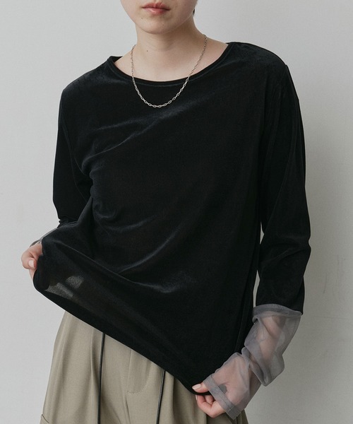 ad thie(アドティエ)の「袖切替 シアー ベロア トップス(Tシャツ/カットソー・レディース・ライトブルー/ブラウン/ブラック/アイボリー・FREE)」の11枚目の写真