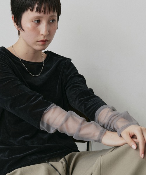 ad thie(アドティエ)の「袖切替 シアー ベロア トップス(Tシャツ/カットソー・レディース・ライトブルー/ブラウン/ブラック/アイボリー・FREE)」の13枚目の写真
