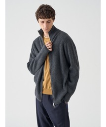 ［Eco Cashmere］カシミヤ混 フルジップスタンドネック長袖ドライバーズニットジャケット