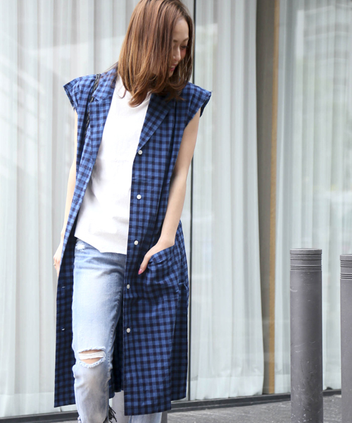 Denime（ドゥニーム）の「インディゴチェックガウン（シャツワンピース・レディース・インディゴブルー/ライトインディゴブルー・FREE）」の12枚目の写真