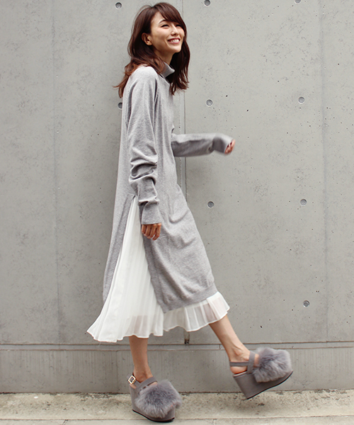 MICOAMERI（ミコアメリ）の「タートルニットプリーツコンビワンピース（ワンピース・レディース・グレー/ブラック/ホワイト/ピンク・FREE）」の3枚目の写真