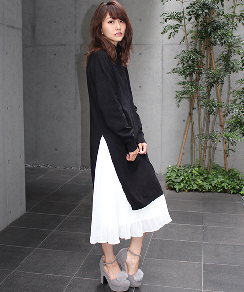 MICOAMERI（ミコアメリ）の「タートルニットプリーツコンビワンピース（ワンピース・レディース・グレー/ブラック/ホワイト/ピンク・FREE）」の5枚目の写真