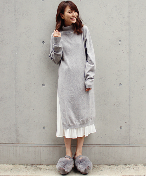 MICOAMERI（ミコアメリ）の「タートルニットプリーツコンビワンピース（ワンピース・レディース・グレー/ブラック/ホワイト/ピンク・FREE）」の18枚目の写真