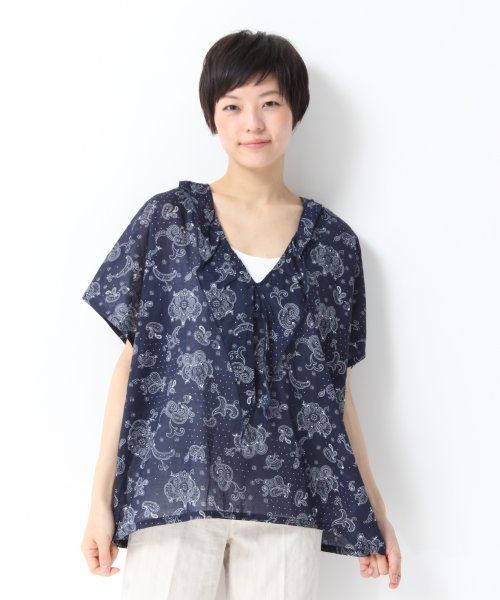GLOBAL WORK(グローバルワーク)の「【GLOBAL WORK】フロントフリルチュニック(シャツ/ブラウス・レディース・ネイビー/ホワイト/ブルー・LARGE/MEDIUM)」の2枚目の写真
