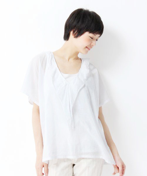 GLOBAL WORK(グローバルワーク)の「【GLOBAL WORK】フロントフリルチュニック(シャツ/ブラウス・レディース・ネイビー/ホワイト/ブルー・LARGE/MEDIUM)」の1枚目の写真