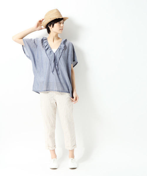 GLOBAL WORK(グローバルワーク)の「【GLOBAL WORK】フロントフリルチュニック(シャツ/ブラウス・レディース・ネイビー/ホワイト/ブルー・LARGE/MEDIUM)」の11枚目の写真