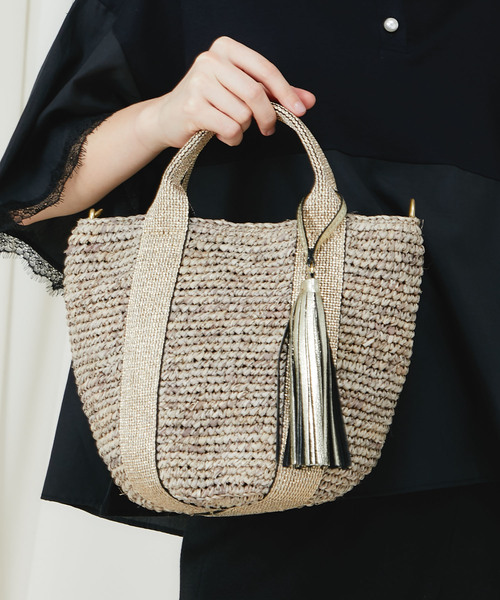 【美品】VIOLAd'ORO　ラフィア×レザー　ショルダーバッグ　かごバッグ VIOLAd'ORO（ヴィオラドーロ）の「【VIOLAd'ORO】ラフィア