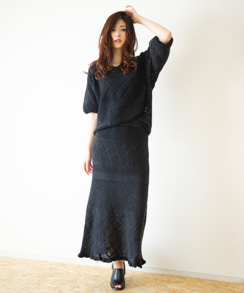 ROGER AND RAW（ロジャーアンドロウ）の「Roger&Raw/透かし切替ロングSK（スカート・レディース・ブラック/ベージュ/ネイビー/コーラル・M）」の9枚目の写真