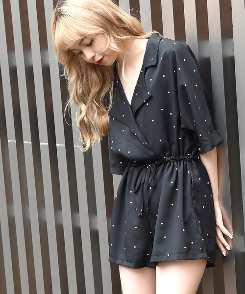 Web限定 ドットショートジャンプスーツ サロペット オーバーオール Candy セール Beans キャンディビーンズ のファッション