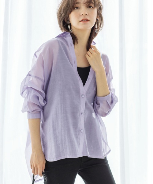 GeeRA（ジーラ）の「ロングスリーブシアーシャツ（シャツ/ブラウス・レディース・パープル/グリーン/ベージュ・MEDIUM/LARGE/XX-LARGE/X-LARGE）」の3枚目の写真