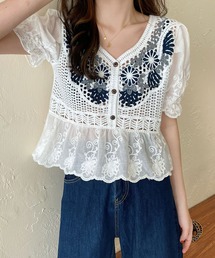 me+em select | クロシェ編みフラワーパフスリーブブラウス(シャツ/ブラウス)