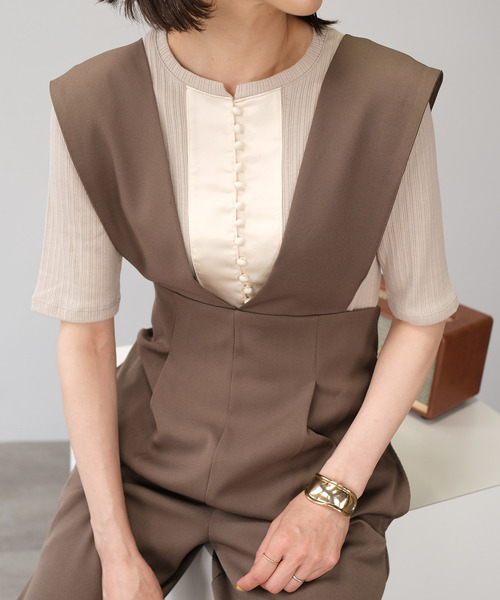 ＡＮＤＪ（アンドジェイ）の「ランダムリブ異素材切替ブザムトップス（Tシャツ/カットソー・レディース・アイボリー/グレイッシュベージュ/ブルー・M）」の2枚目の写真