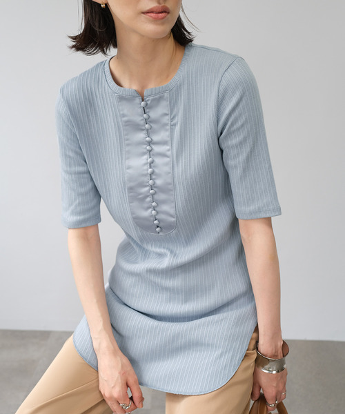 ＡＮＤＪ（アンドジェイ）の「ランダムリブ異素材切替ブザムトップス（Tシャツ/カットソー・レディース・アイボリー/グレイッシュベージュ/ブルー・M）」の3枚目の写真