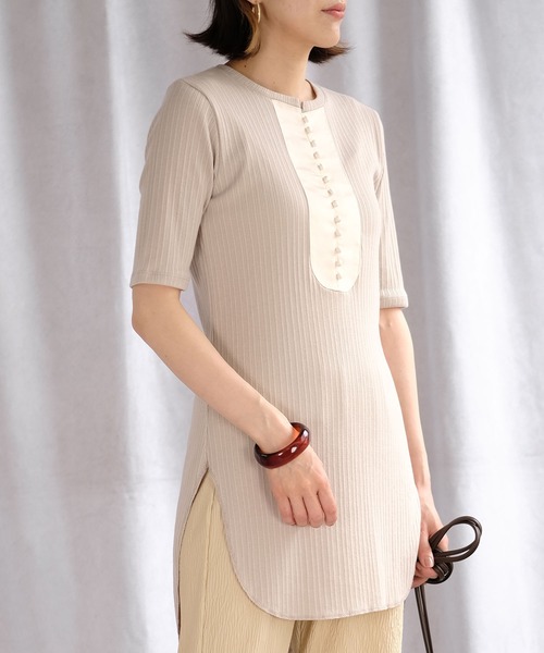 ＡＮＤＪ（アンドジェイ）の「ランダムリブ異素材切替ブザムトップス（Tシャツ/カットソー・レディース・アイボリー/グレイッシュベージュ/ブルー・M）」の20枚目の写真