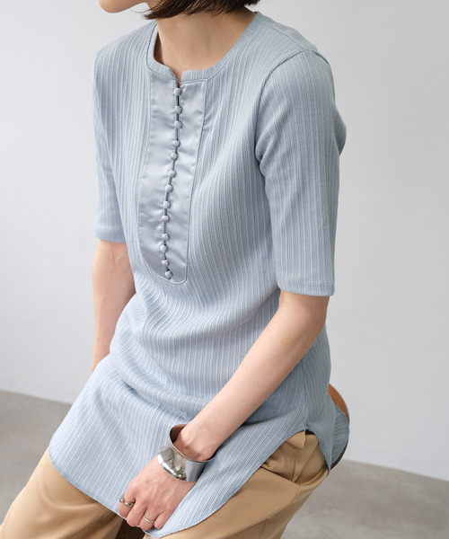 ＡＮＤＪ（アンドジェイ）の「ランダムリブ異素材切替ブザムトップス（Tシャツ/カットソー・レディース・アイボリー/グレイッシュベージュ/ブルー・M）」の11枚目の写真