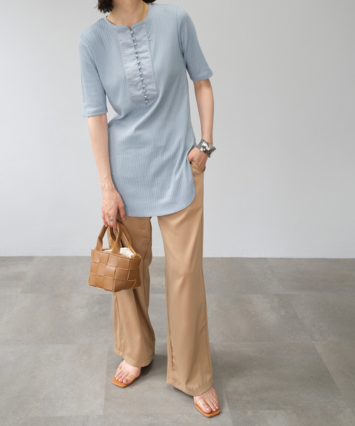 ＡＮＤＪ（アンドジェイ）の「ランダムリブ異素材切替ブザムトップス（Tシャツ/カットソー・レディース・アイボリー/グレイッシュベージュ/ブルー・M）」の12枚目の写真