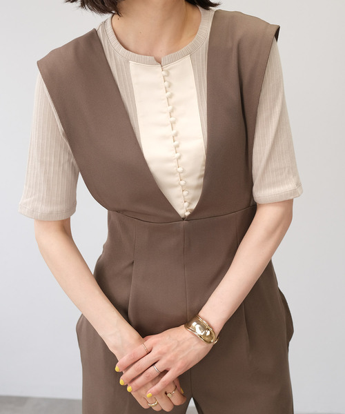 ＡＮＤＪ（アンドジェイ）の「ランダムリブ異素材切替ブザムトップス（Tシャツ/カットソー・レディース・アイボリー/グレイッシュベージュ/ブルー・M）」の15枚目の写真