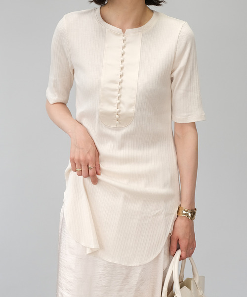 ＡＮＤＪ（アンドジェイ）の「ランダムリブ異素材切替ブザムトップス（Tシャツ/カットソー・レディース・アイボリー/グレイッシュベージュ/ブルー・M）」の7枚目の写真