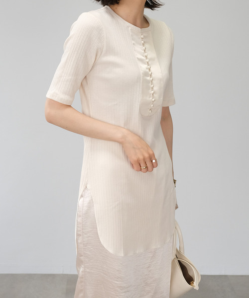 ＡＮＤＪ（アンドジェイ）の「ランダムリブ異素材切替ブザムトップス（Tシャツ/カットソー・レディース・アイボリー/グレイッシュベージュ/ブルー・M）」の8枚目の写真