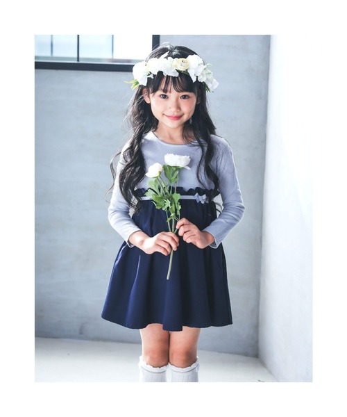 TartineetChocolat/リボンバイカラーポンチ切り替えフレア長袖ワンピース(100~140cm)