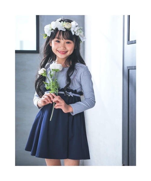 TartineetChocolat/リボンバイカラーポンチ切り替えフレア長袖ワンピース(100~140cm)