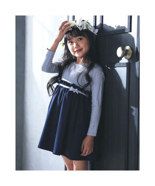 TartineetChocolat/リボンバイカラーポンチ切り替えフレア長袖ワンピース(100~140cm)