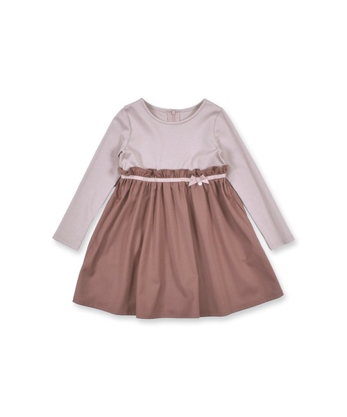 TartineetChocolat/リボンバイカラーポンチ切り替えフレア長袖ワンピース(100~140cm)