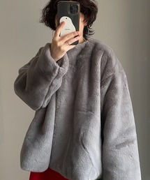 over size no collar fur coat / オーバーサイズノーカラーポケット付きフェイクファーコート
